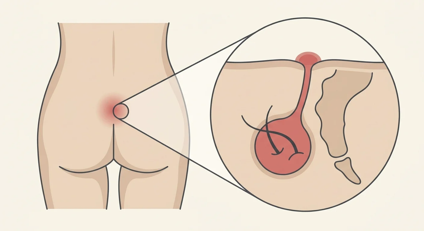 Medical illustration: posterior view of the natal cleft with an inflamed pilonidal area, and a magnified cross-section showing a pilonidal cyst containing trapped hairs, its sinus tract to the skin surface, and the tailbone