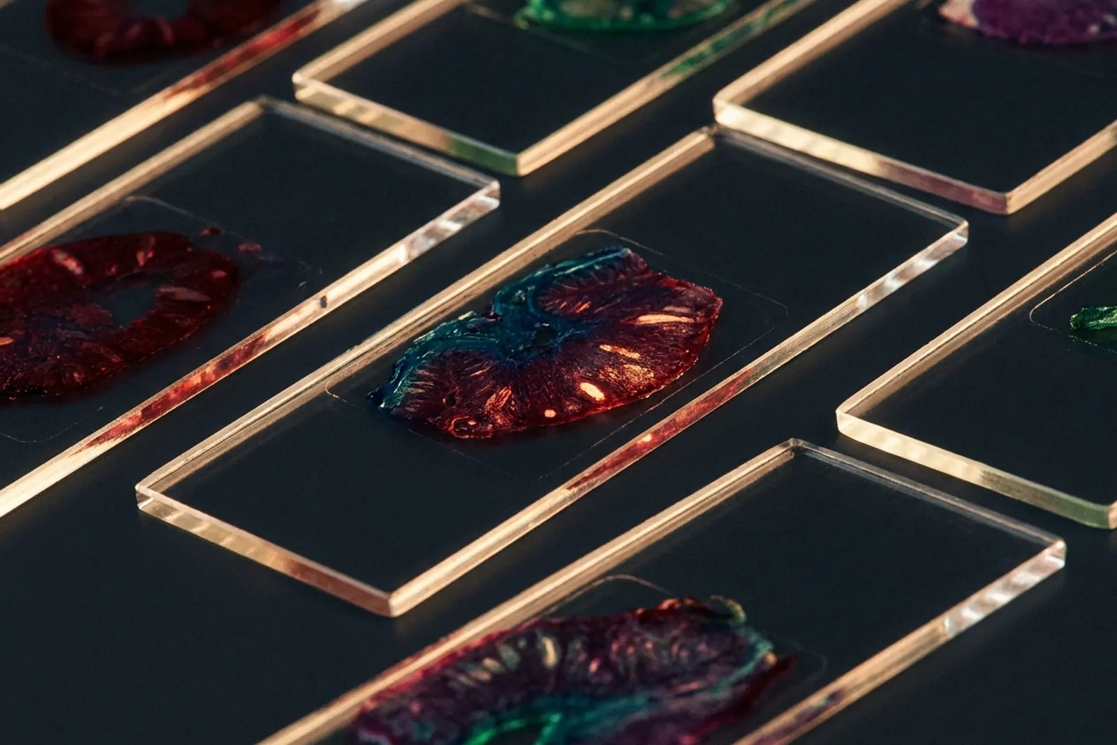 Prepared glass microscope slides catching the laboratory light